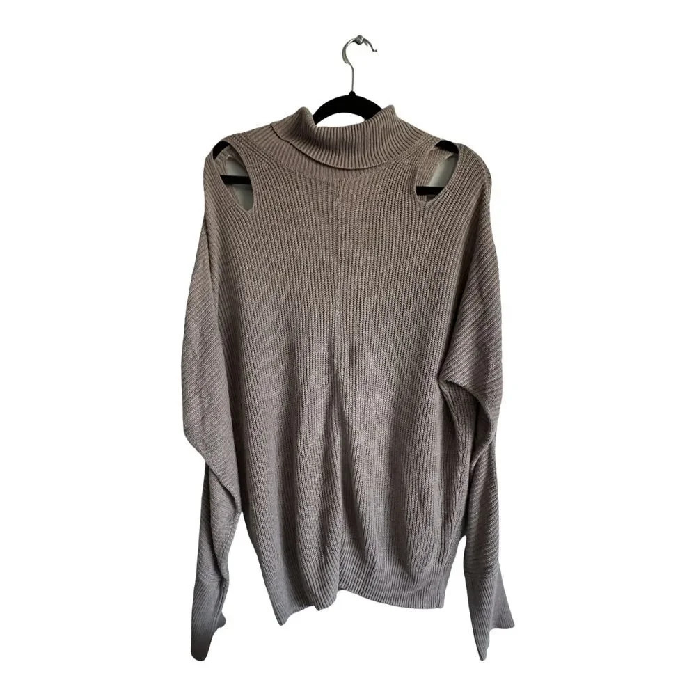 Ella Moss Cold Shoulder Cut Out Mock Neck Oversized Sweater Grey Size XL NWOT
